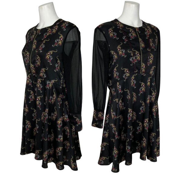 Sandro Paris Kaiya Tiger Print Dress 3 US/8 Black Long Sleeve Mini MISSING BELT - Picture 3 of 12